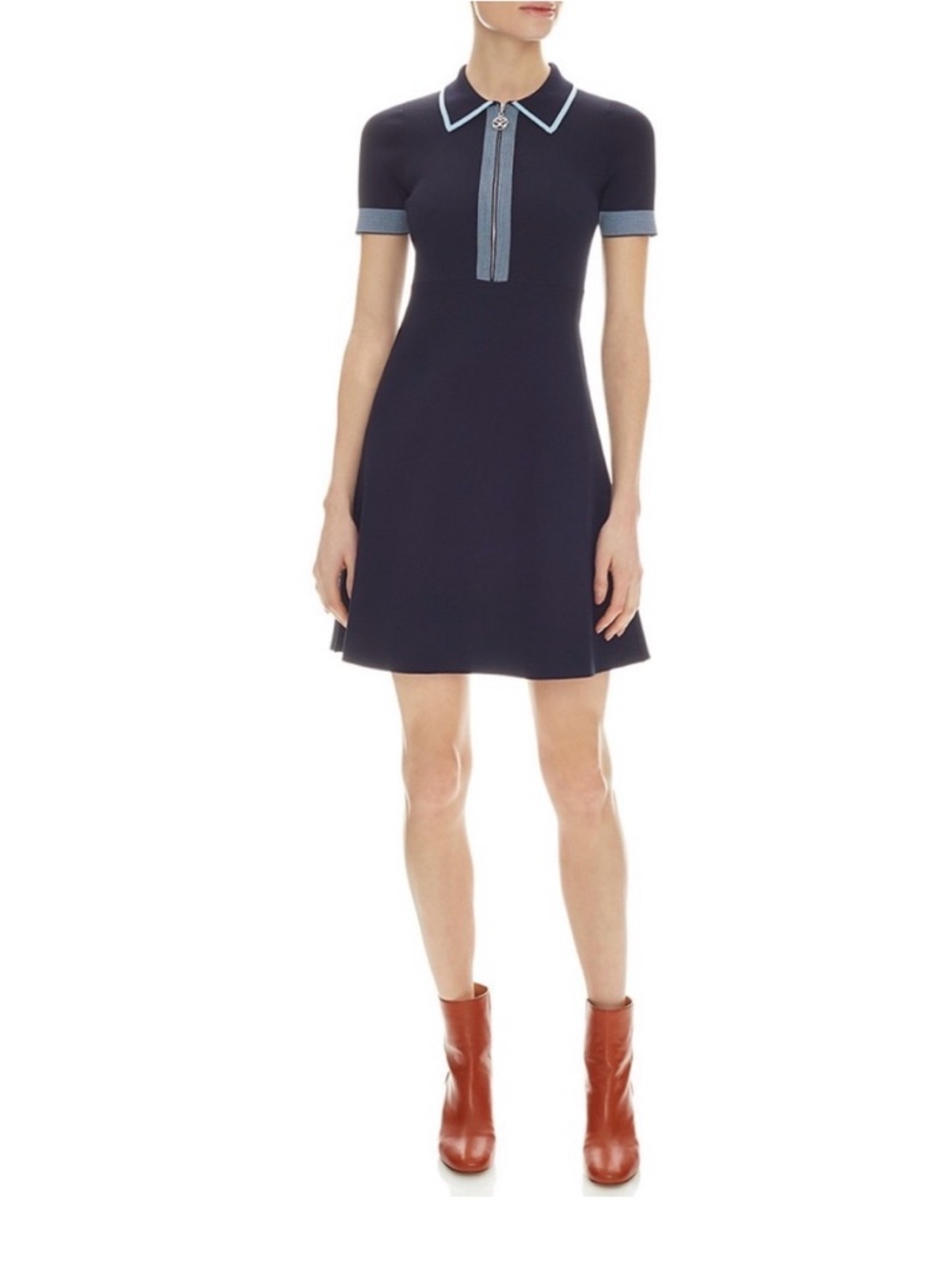 Sandro Navy Mini Polo Dress with Light Blue Trim